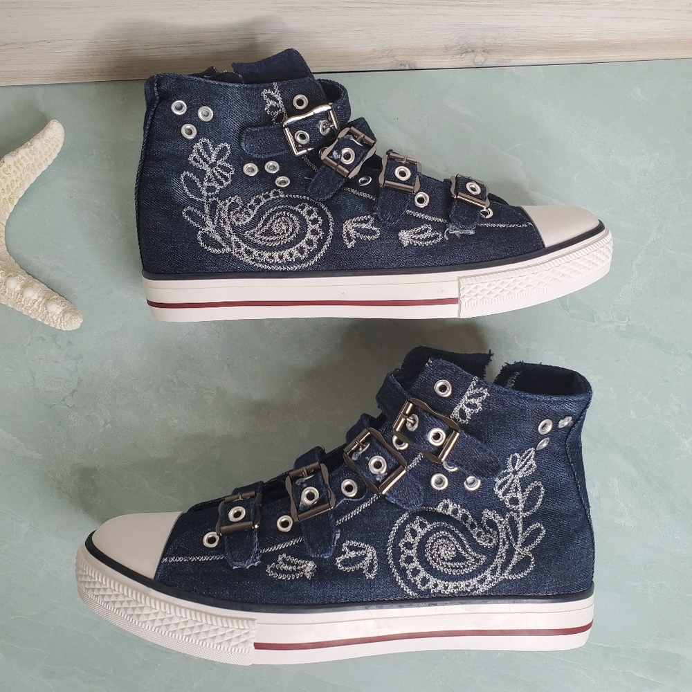 Last One! Dark Denim Buckle Sneakers - Picture 3 of 7